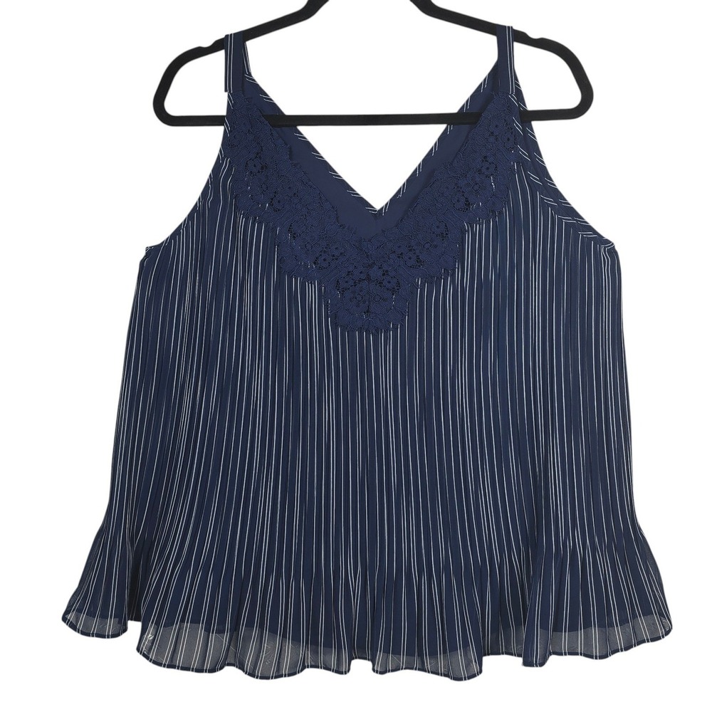 Chicos Navy Blue White Pinstripe Pleated Lace Trim Camisole Tank Top Blouse MED